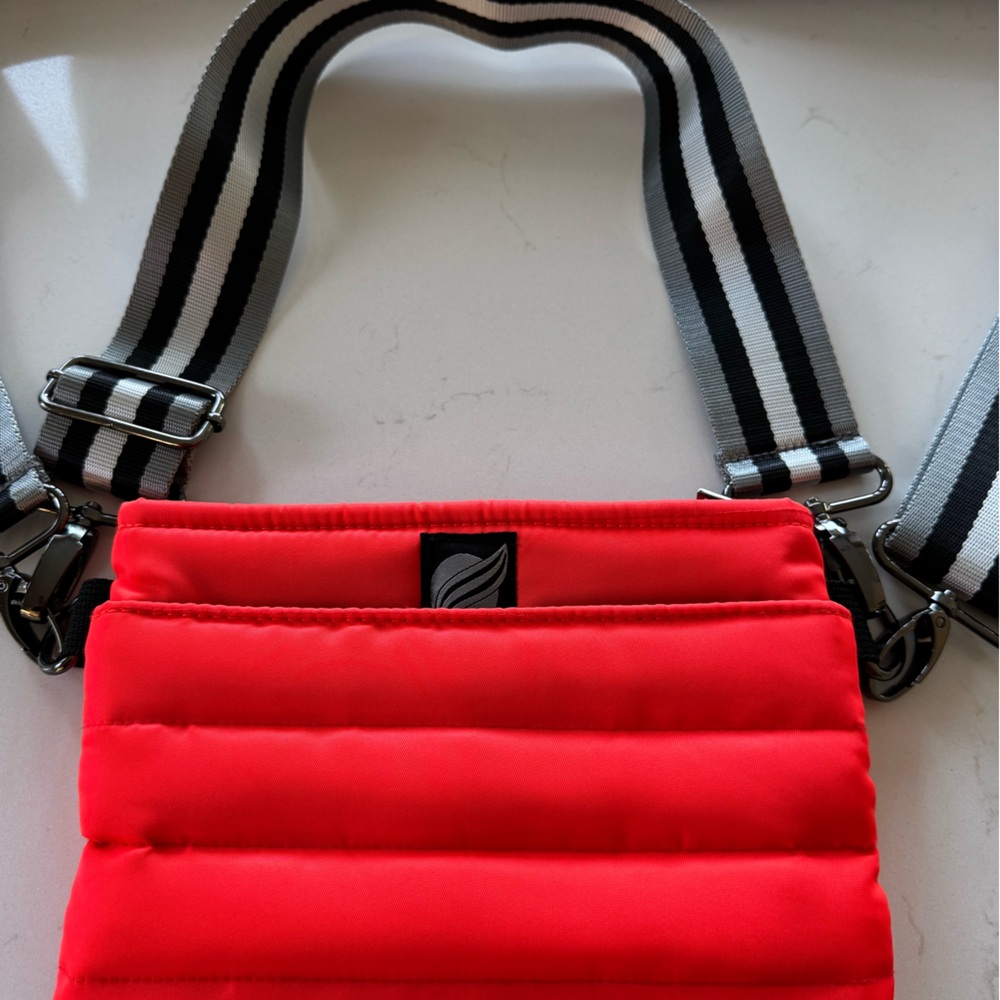THINK ROYLN Red Quilted Crossbody Bag with Black & White Stripe Strap
